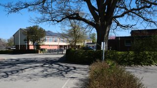 Schule in Husby mit gro&szlig;em Baum im Vordergrund